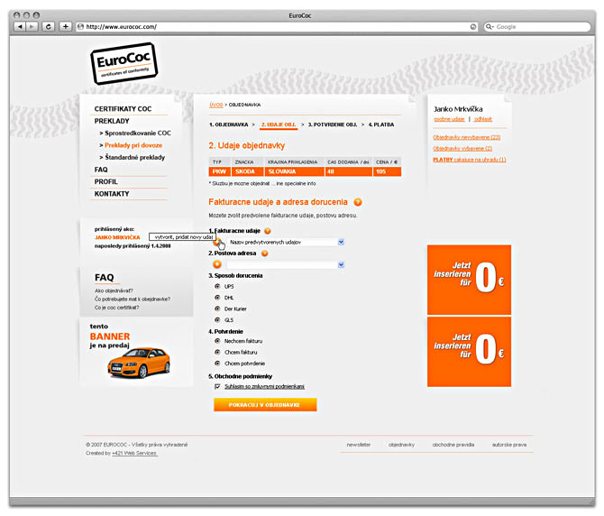 návrh web designu, subpage - Eurococ -údaje objednávkay