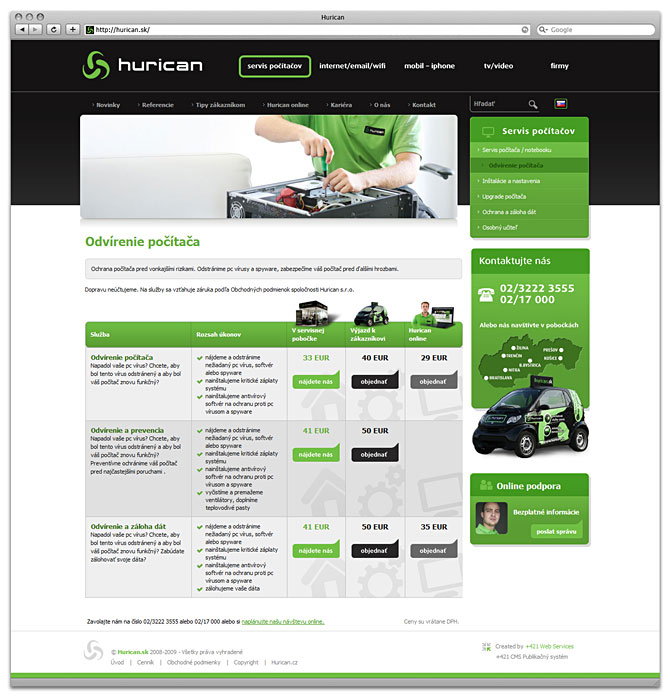 návrh webu - Hurican PC servis - odvírenie počítača