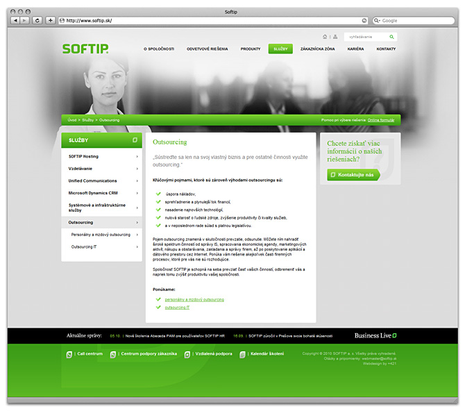 web design - podstránka spoločnosti softip